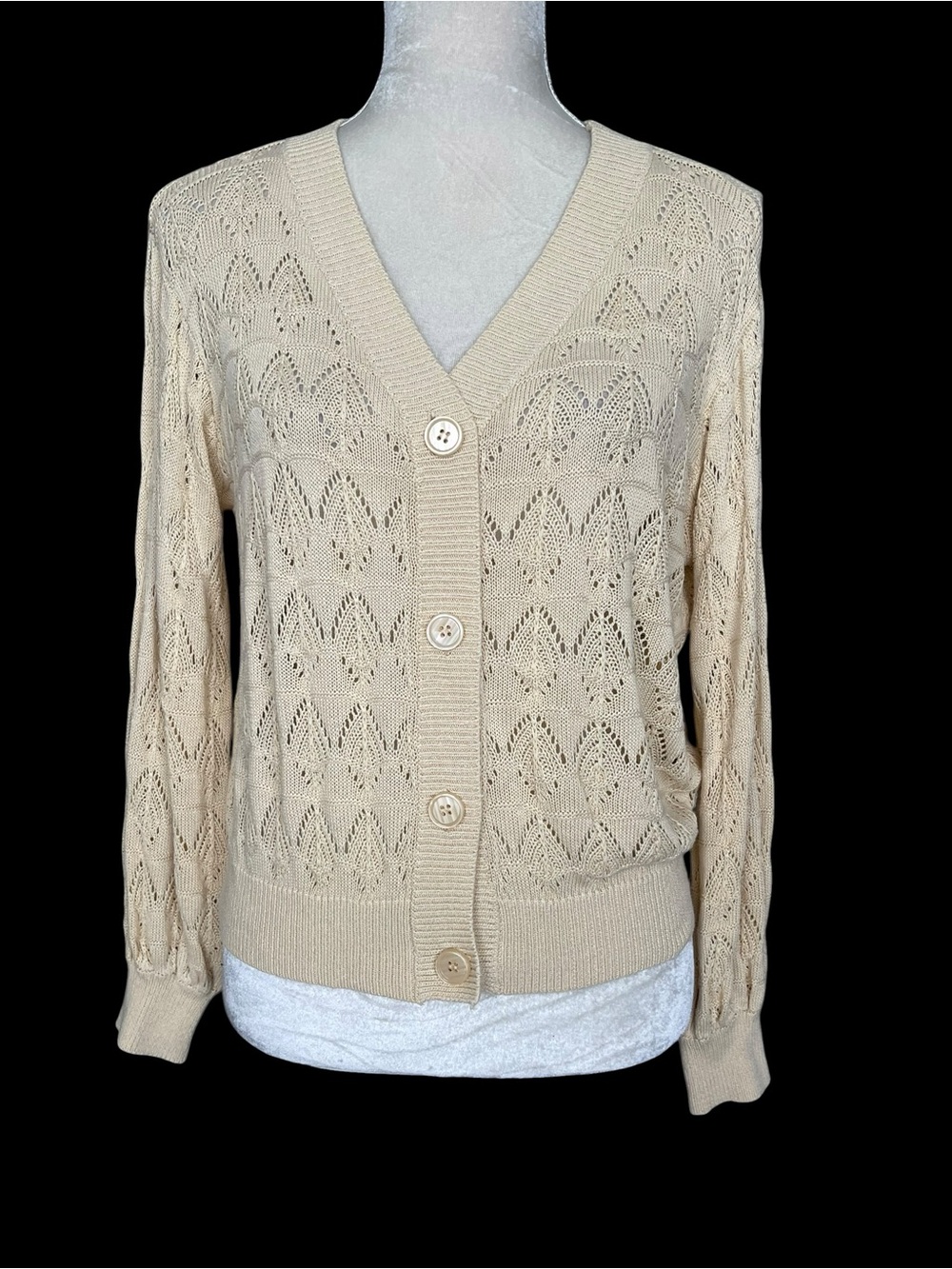 Cream Open Knit Cardigan Sweater Women’s Size S Bubble Sleeves
